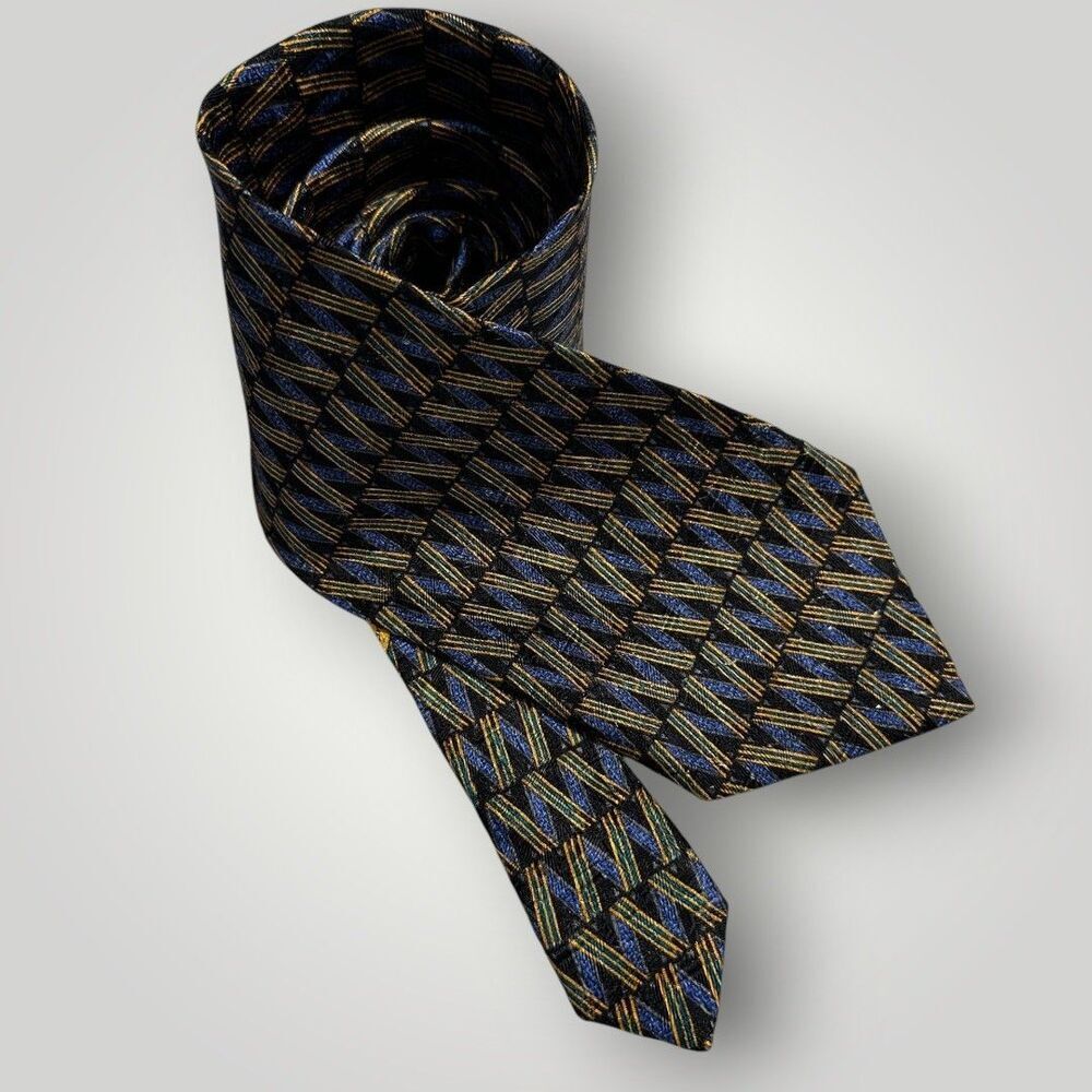 ERMENEGILDO ZEGNA TIE Silk Tie Geometric Necktie Blue/Black Made in Italy